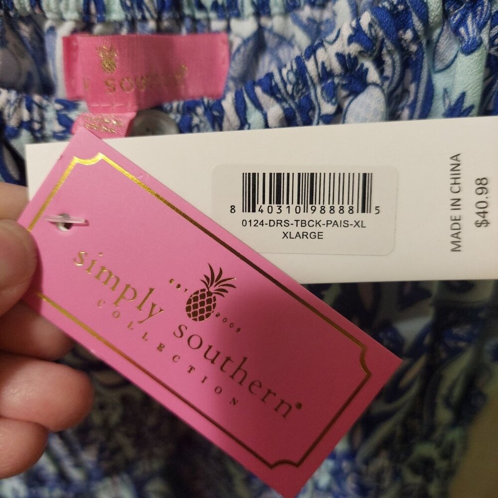 Simply Southern XL Blue Paisley Smocked Dress W/ Puffed Sleeves~Crisscross Back - Picture 4 of 10